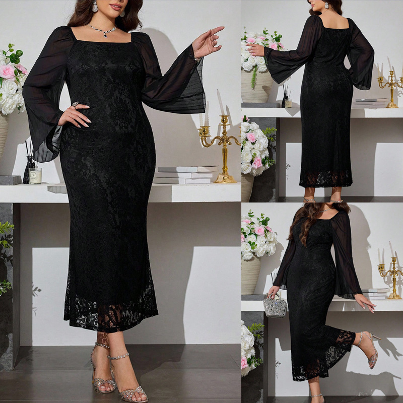 European and American style plus-size elegant lace fishtail dress, square neckline, flared long sleeves, slim-fit evening gown for wedding guests European and American style plus-size elegant lace fishtail dress, square neckline, flared long sleeves, slim-fit evening gown for wedding guests