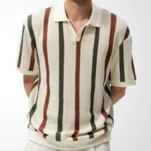 男士条纹POLO衫欧美撞色宽松镂空透气套头针织衫亚马逊男装SY0213