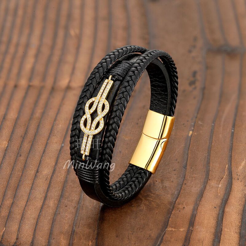 Factory Direct Supply, Hot-Selling in Foreign Trade, Micro-Inlaid Diamond 3-Layer Braided Leather Rope Charm Bracelet, 316L Stainless Steel Men's Bracelet