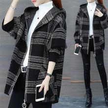 外套大衣女士春秋款加厚格子连帽上衣宽松大码中老年洋气毛呢外套