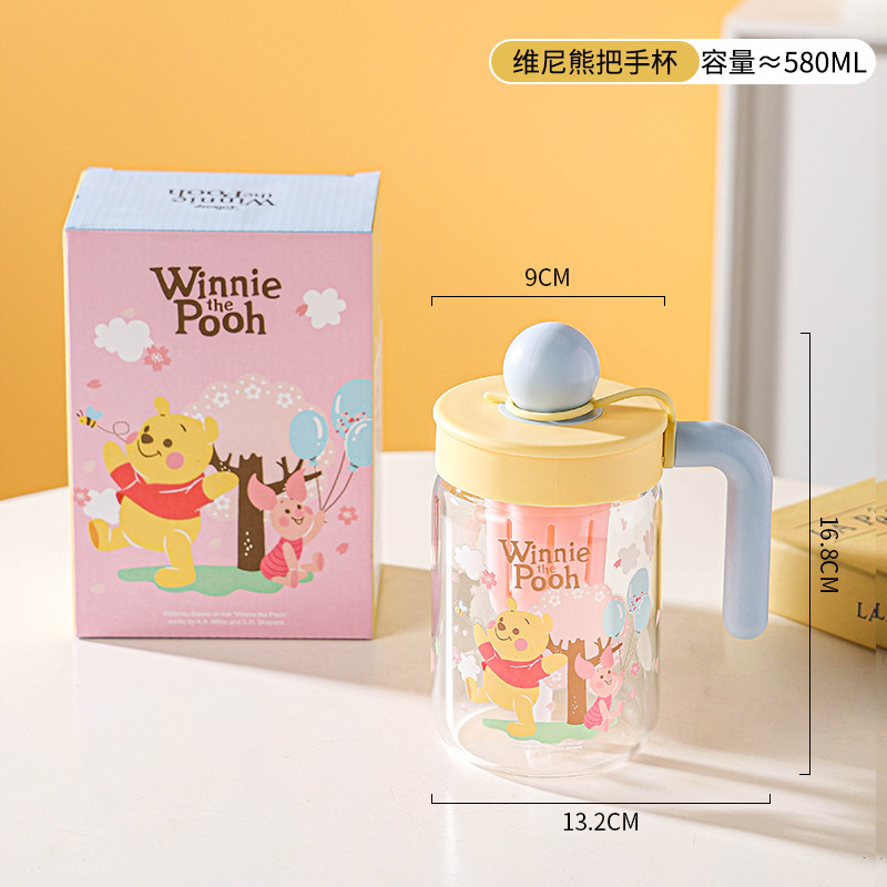 Nueva taza de agua de vidrio de Disney, alta resistencia a altas temperaturas, pajita de gran capacidad con tapa, taza de mango con fugas de té de alto valor