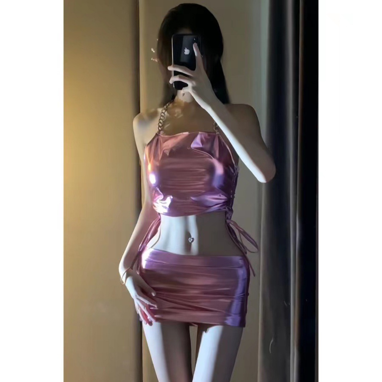 PU Leather Mini Skirt Lingerie Set with Backless Top and Briefs — detail image 3