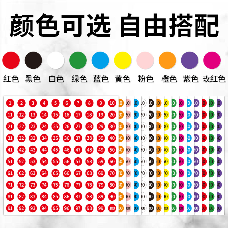 批發彩色圓點數字貼紙1-100編號序號標記貼不乾膠標籤貼紙