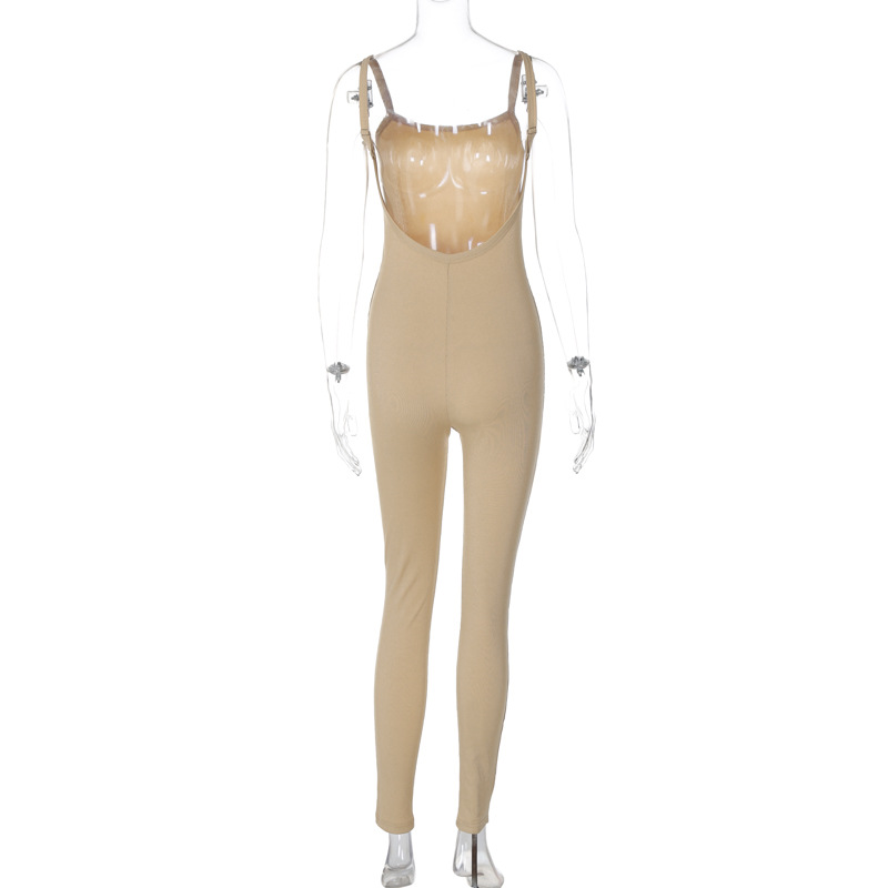 Women Clothing Summer Sexy Backless Slim Fit Solid Color Sling Jumpsuit