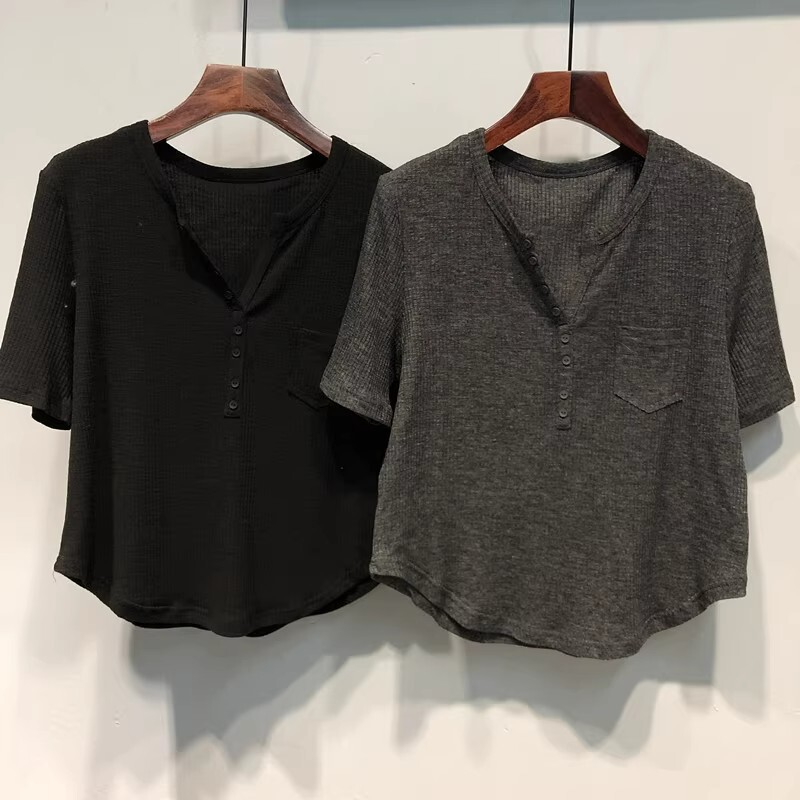 2313 # 2026 Spring/Summer Solid Color Small Pocket Ribbed Cotton Short-Sleeve T-Shirt for Petite Women