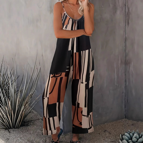 Women's Printed Sleeveless Bodysuit for Spring and Summer Fashion - Casual Long Pants with Bustier Top - One Size, Same Color
