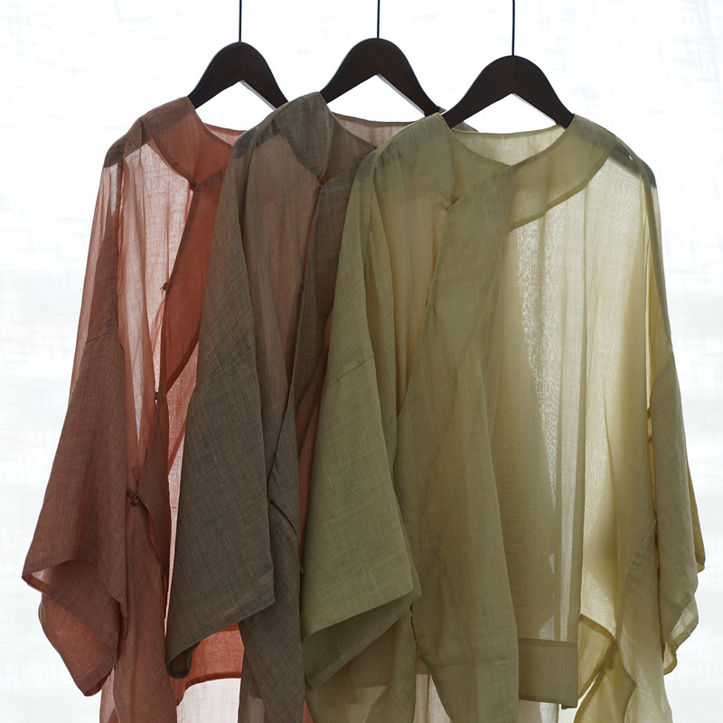 Original spring and summer vintage ramie fried color old slant lapel ramie shirt national style wide sleeve sunshade top S25078