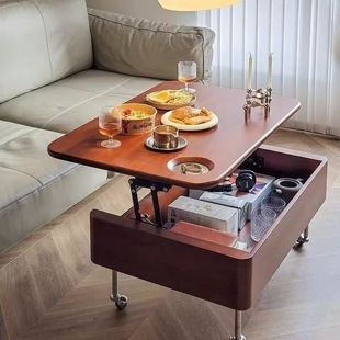Antique Solid Wood Lifting Coffee Table Retro Modern Small Apartment Household Mobile Folding Multi-Power Storage Living Room Bedroom