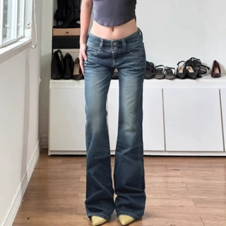 个性街头复古低腰牛仔裤排扣修身显瘦长裤直筒百搭外穿宽松阔腿裤