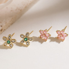 澳古 跨境新品小众清新铜镀18K金锆石花朵耳钉女迷你精致百搭耳饰