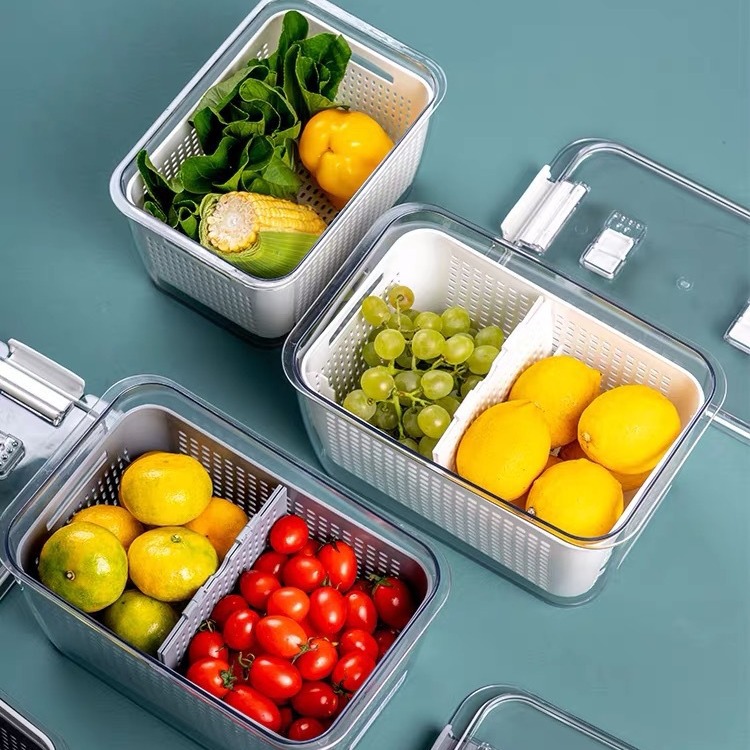 Refrigerador fresco caja de almacenamiento de frutas y verduras congeladas cesta de drenaje de calidad alimentaria hogar sellado separado caja de organización