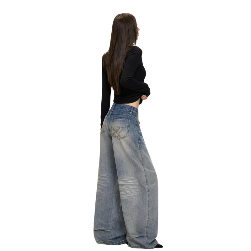Customized OEM/ODM jeans from the denim factory: light-colored vintage cat-ear distressed loose low-rise wide-leg pants Customized OEM/ODM jeans from the denim factory: light-colored vintage cat-ear distressed loose low-rise wide-leg pants