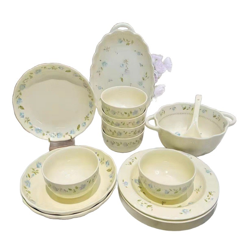 Conjuntos de platos de cerámica de alto valor de esmalte amarillo de estilo de crema, platos de arroz caseros, platos de sopa, platos de sopa