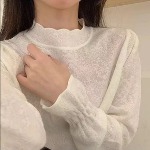 Autumn and Winter French Half-turtleneck Jacquard Lace Knitted Base Shirt Women's Interior Western Style Hollow-out Loose Pullover Sweater