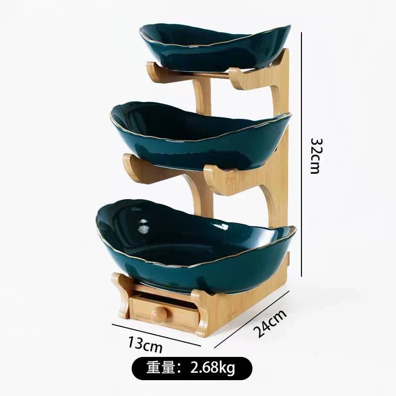 Nórdico simple cesta de frutas creativo de doble capa de múltiples capas plato de fruta con cajón de cerámica placa de fruta seca estante de bambú hogar plato de aperitivos