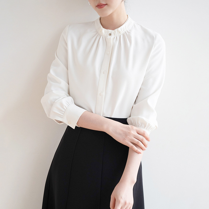 여성용 화이트 스탠드 칼라 긴팔 셔츠, 2025 봄 가을 새로운 디자인, 틈새 시장 통근 전문 교사 스타일 셔츠
