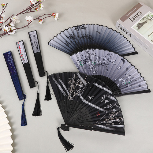 Japanese style folding fan ancient Chinese style medium long handle silk fan craft gift ladies dance fan factory wholesale