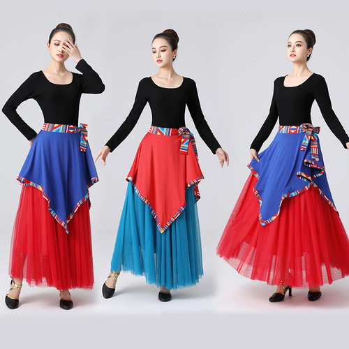 Fengti square dance clothing new three-piece suit drawstring top hidden dance waist apron mesh 720c degree long skirt
