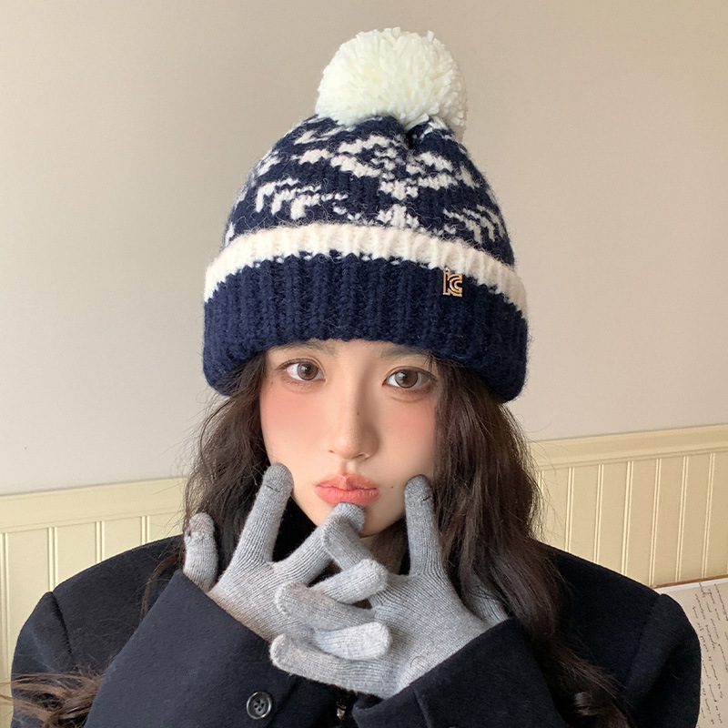 フェア島風毛糸帽子女子秋冬レトロ百合大頭囲保温ニット帽子顔小耳保護帽子