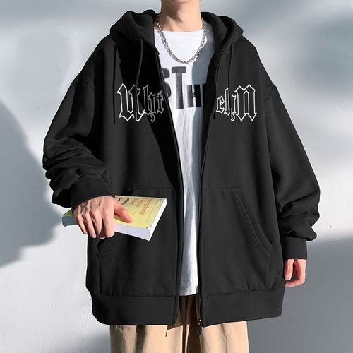 Men's Zip-Up Hooded Sweatshirt for Autumn/Winter, American Retro Streetwear Brand Couple's Top, Loose and Versatile Open Hoodie Outerwear