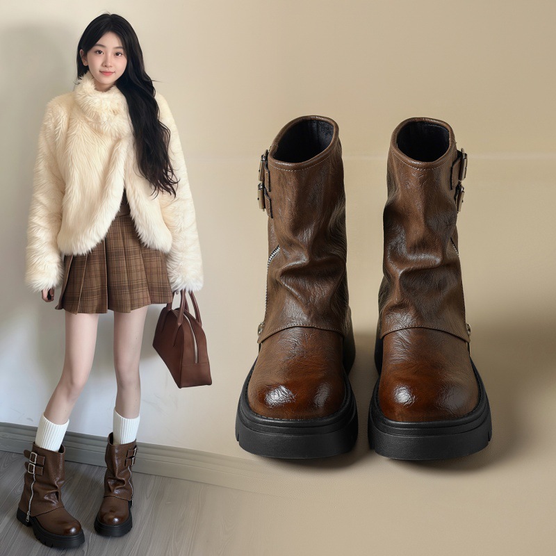 Zhr Trendy Cool Thick-Soled Height-Increasing 6cm Short Boots Women's Boots 2025 Autumn and Winter New Western Cowboy Boots Knight Boots