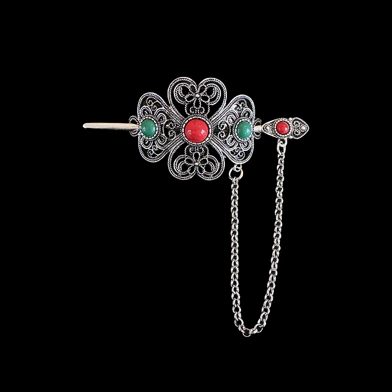 Этническая металлическая китайская шпилька для волос, turquoise каменная инкрустация, коралл Hanfu, ретро аксессуар, этнический стиль, материал