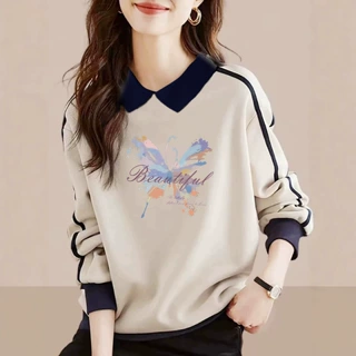 专柜女装POLO衫纯棉长袖卫衣女春秋新款宽松休闲文艺翻领上衣