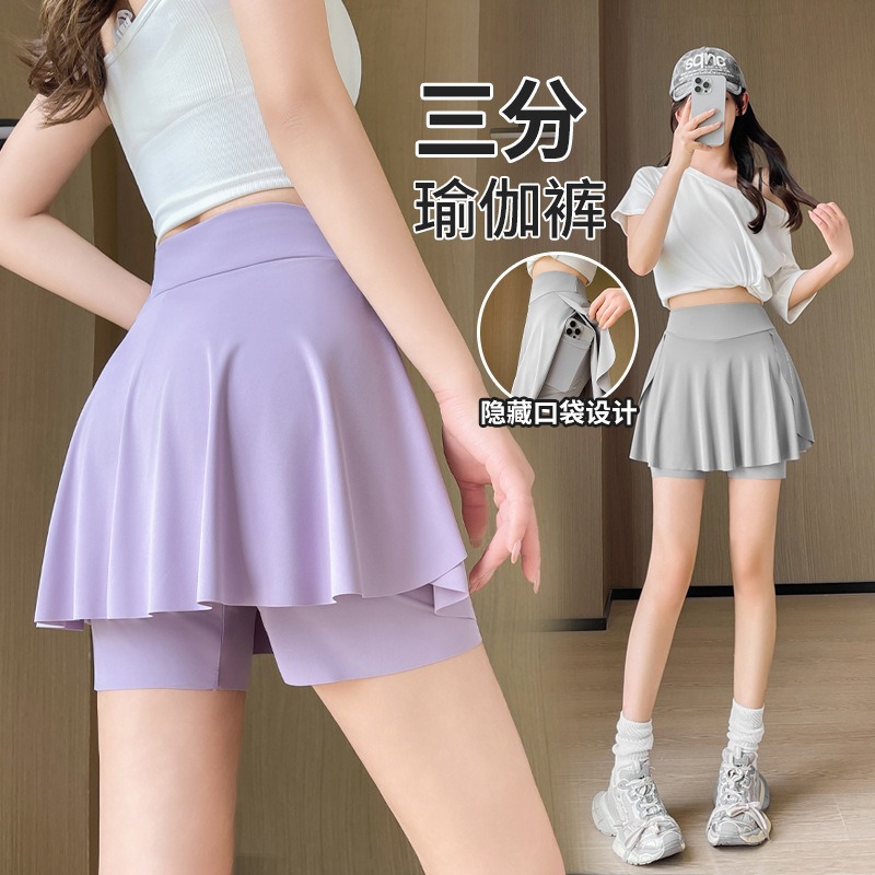 Two-Piece Skirt Pants with Pockets, Three-Quarter Shark Pants, Outdoor Cycling Pants, Summer Ice Silk Outerwear, Anti-Exposure, Plus Size Yoga