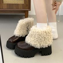 厚底粗高跟毛毛短靴女2025新款冬季加绒加厚雪地靴保暖东北棉鞋子