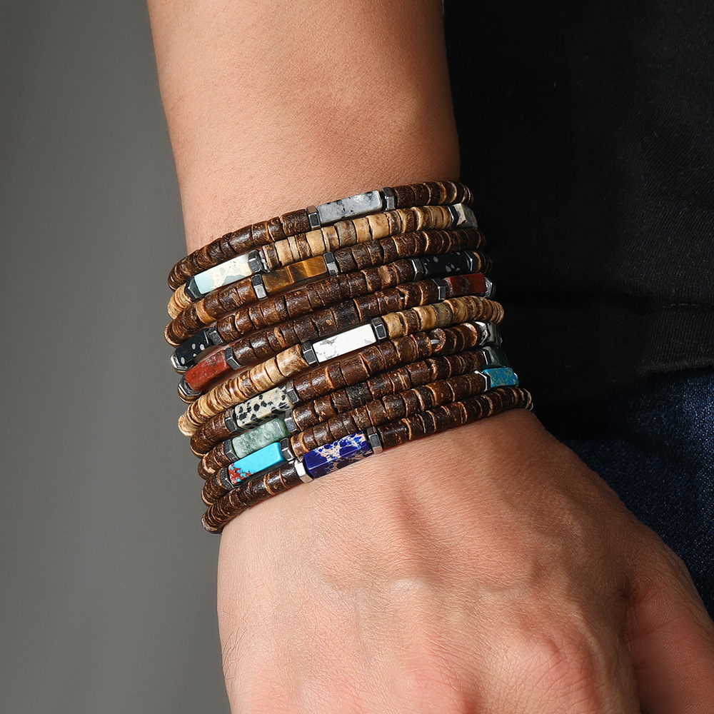 2024 nueva piedra natural transfronteriza de madera de café cuentas pulseras europeas y americanas retro joyas de estilo nepalí para hombres