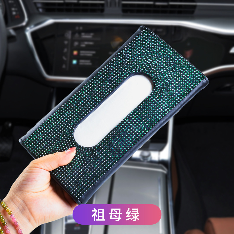 Caja de pañuelos de visera de coche asiento trasero de cuero clip de tejido incrustado de diamantes de imitación de mujer de moda creativa caja de pañuelos de coche image 12