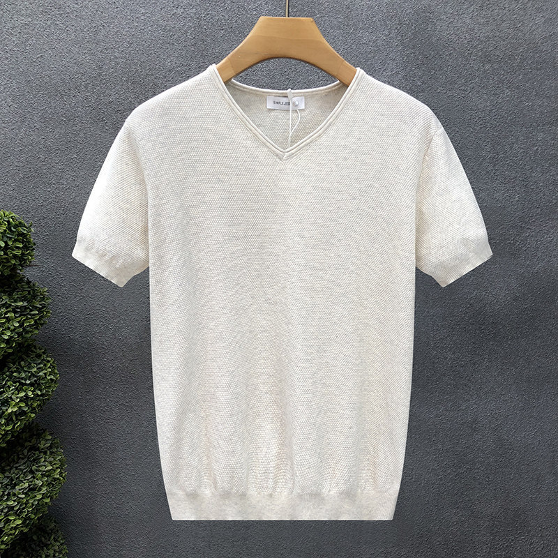 Camiseta de punto de manga corta camiseta de hombre elástica apretada cuello V de pollo cuello de corazón de hielo verano fábrica transfronteriza al por mayor sensación de hielo frío