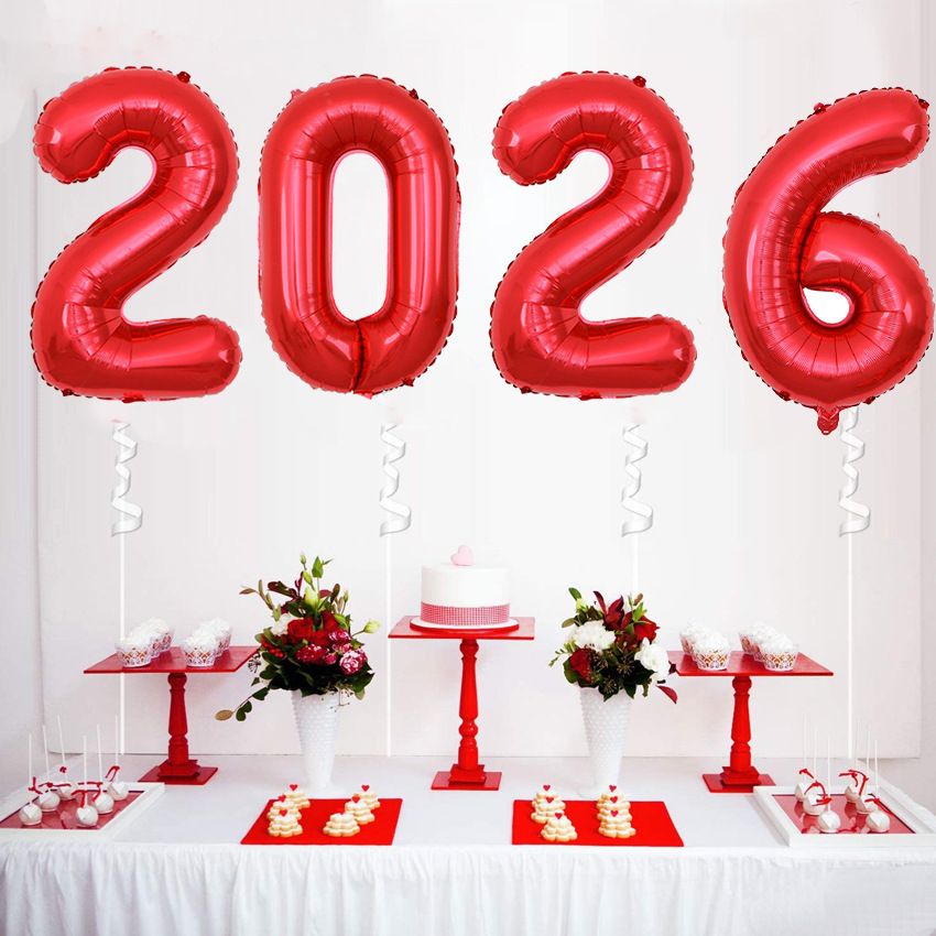 Globo de aluminio digital rojo de 32 pulgadas con diseño de Año Nuevo 2026 para fiestas y reuniones anuales transfronterizas.