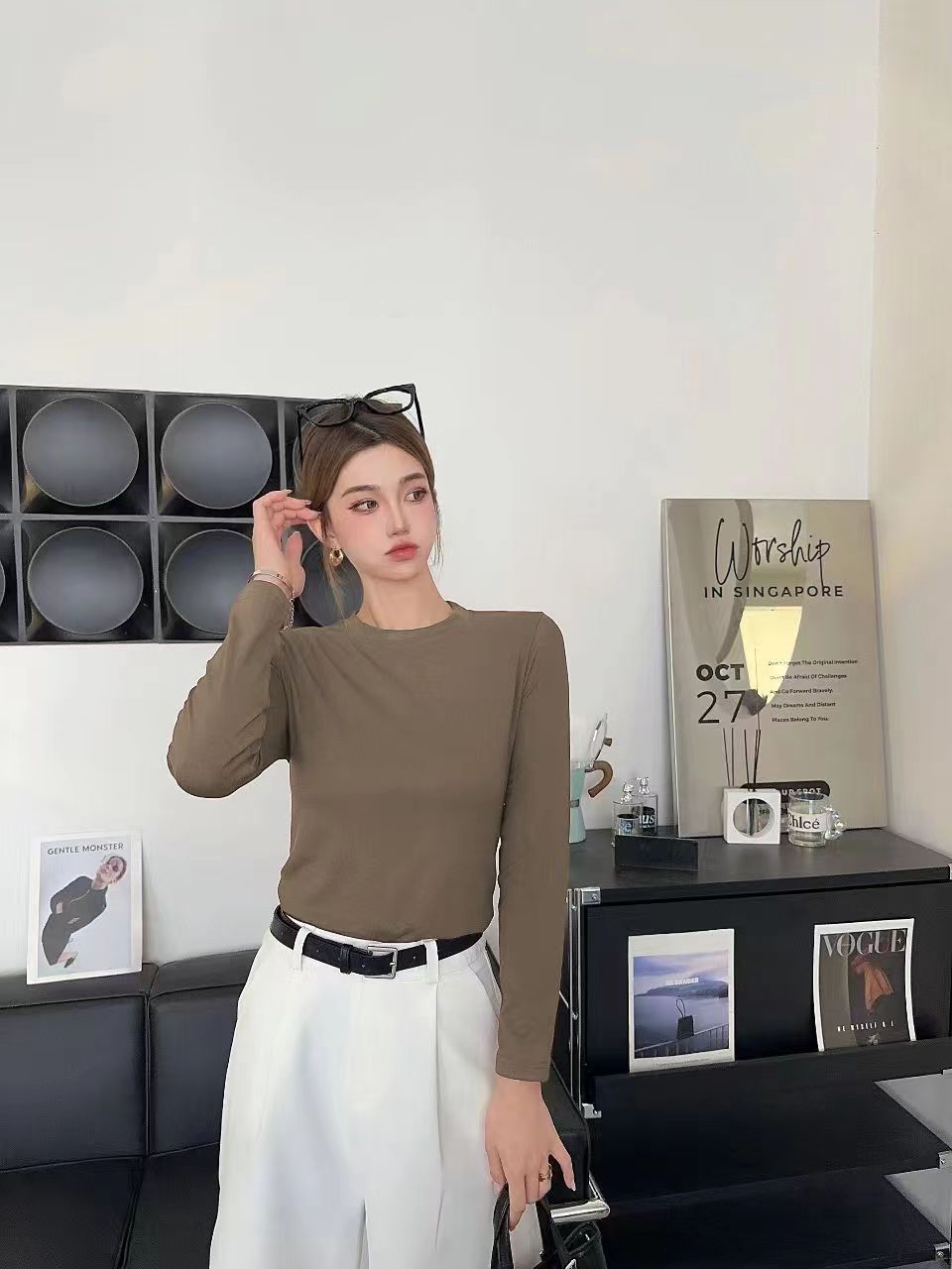 모달 고탄력 라운드넥 긴팔 모카
