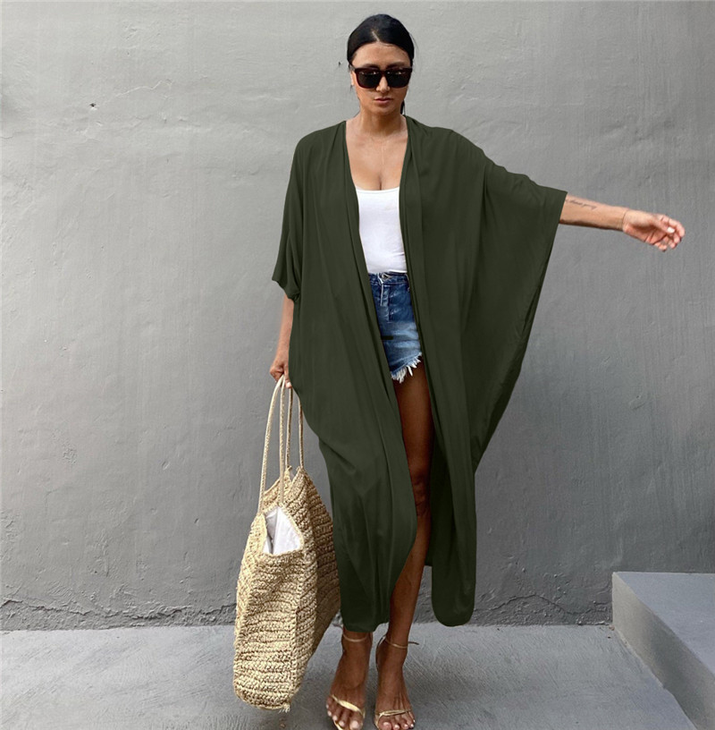 European and American cotton solid color with belt beach robe sexy open shirt loose with belt vacation bikini outer robe