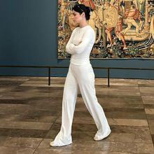 跨境2025欧美春秋季纯色时尚修身套头上衣直筒长裤两件套女装批发