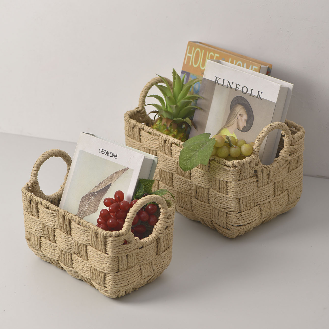 Cesta de almacenamiento de cuerda de papel tejida a mano, caja de almacenamiento de frutas y verduras de cocina, caja de almacenamiento de juguetes simple para niños, almacenamiento de escritorio