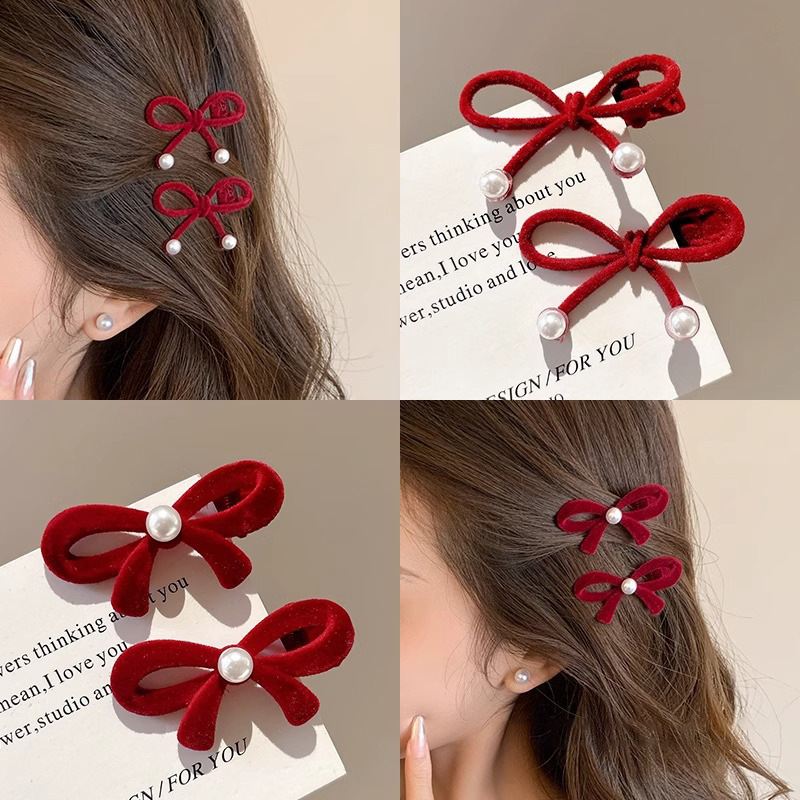 Año Nuevo rojo adornamiento de cabello de seda arco pequeño clip para el cabello de otoño y invierno lateral de la boca de la boca de la boca de la boca clip para el cabello