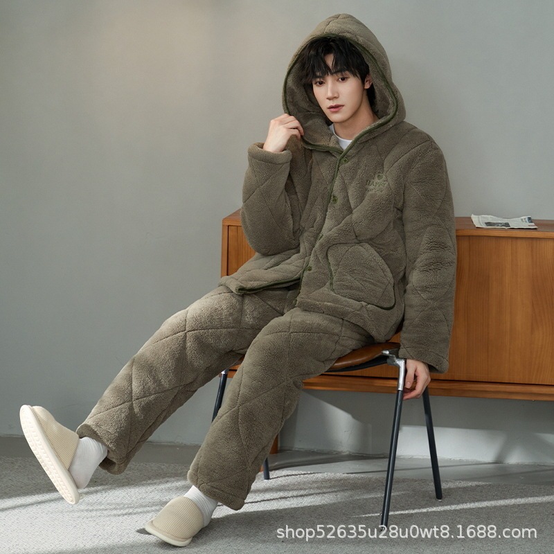 Three-Layer Quilted Jacket Men's Pajamas Autumn and Winter Men's Hooded Thickeneded Warm Cardigan Button Home Clothes Two-Piece Set