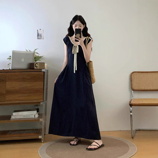 Plus Size Women's Summer Fat mm French Contrasting Color Bow Lace Dress Age-Reducing Slimming Look Elegant Long Skirt