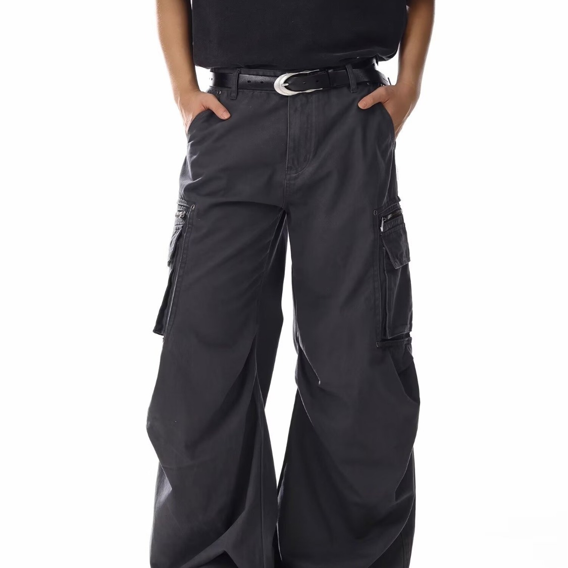 Jadeqilin American Retro Pleated Distressed Multi-Flap Pocket Pants Cargo Pants Men's Loose Wide-Leg Straight Casual Pants