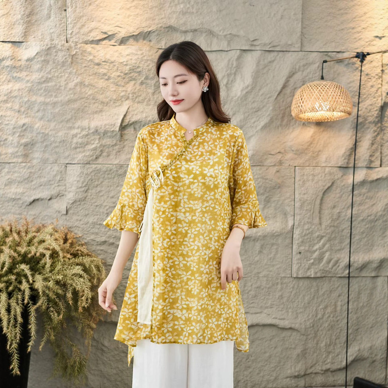 Summer New Style Ramie Printed Lightweight Breathable Shirt for Women New Chinese Style Loose Slimming Top for Women Summer New Style Ramie Printed Lightweight Breathable Shirt for Women New Chinese Style Loose Slimming Top for Women