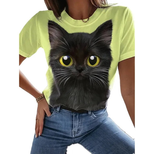 Summer 2024 Foreign Trade Women's Wholesalers Retro Cartoon Cat Cute 3D Print Crew Neck Short Sleeve T-Shirts