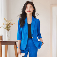 高端蓝色西装套装女春季新款高端气质职业正装工作服中袖西服外套
