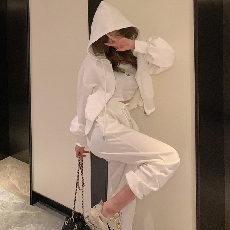 港风运动套装女2024春秋网红炸街短裤拉链连帽卫衣外套吊带三件套|undefined