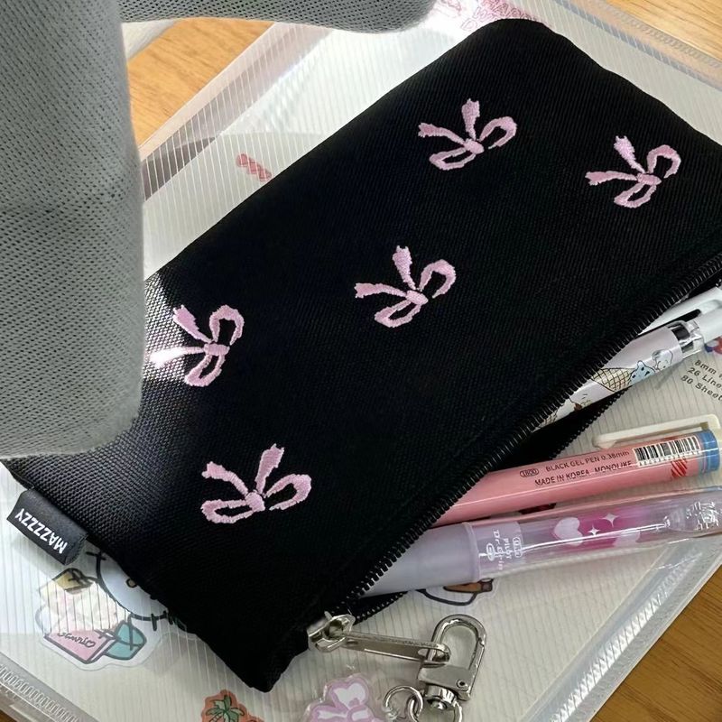 黒のリボン刺繍鉛筆バッグニッチ学生文具収納ガーリーシンプルイン大容量筆箱|undefined