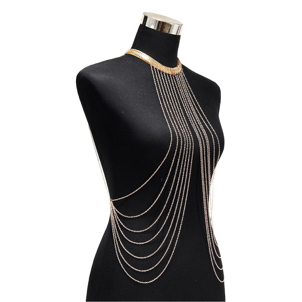 Venta caliente transfronteriza moda europea y americana plateada metal serpentina cadena multi-capa borla playa sexy cuerpo cadena