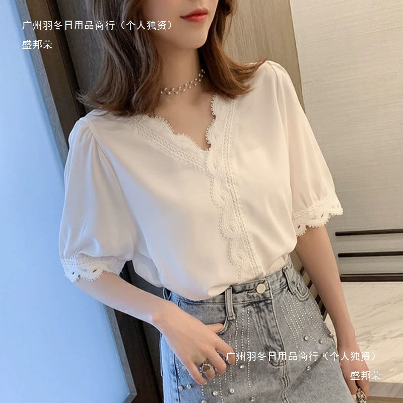 Новая летняя одежда 2024 года, очень сказочные топы с v-образным вырезом, нишевые рубашки с короткими рукавами, шифоновые рубашки, маленькие рубашки, футболки для женщин.