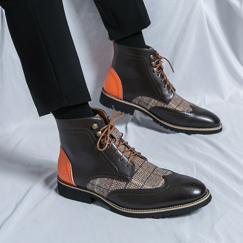 Británico hombre zapatos de cuero de alto bloco botas de negocios casuales de moda retro punta alta botas Martin