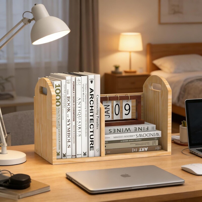 Wooden desktop small bookshelf, simple office book stand, multi-purpose desk with storage rack